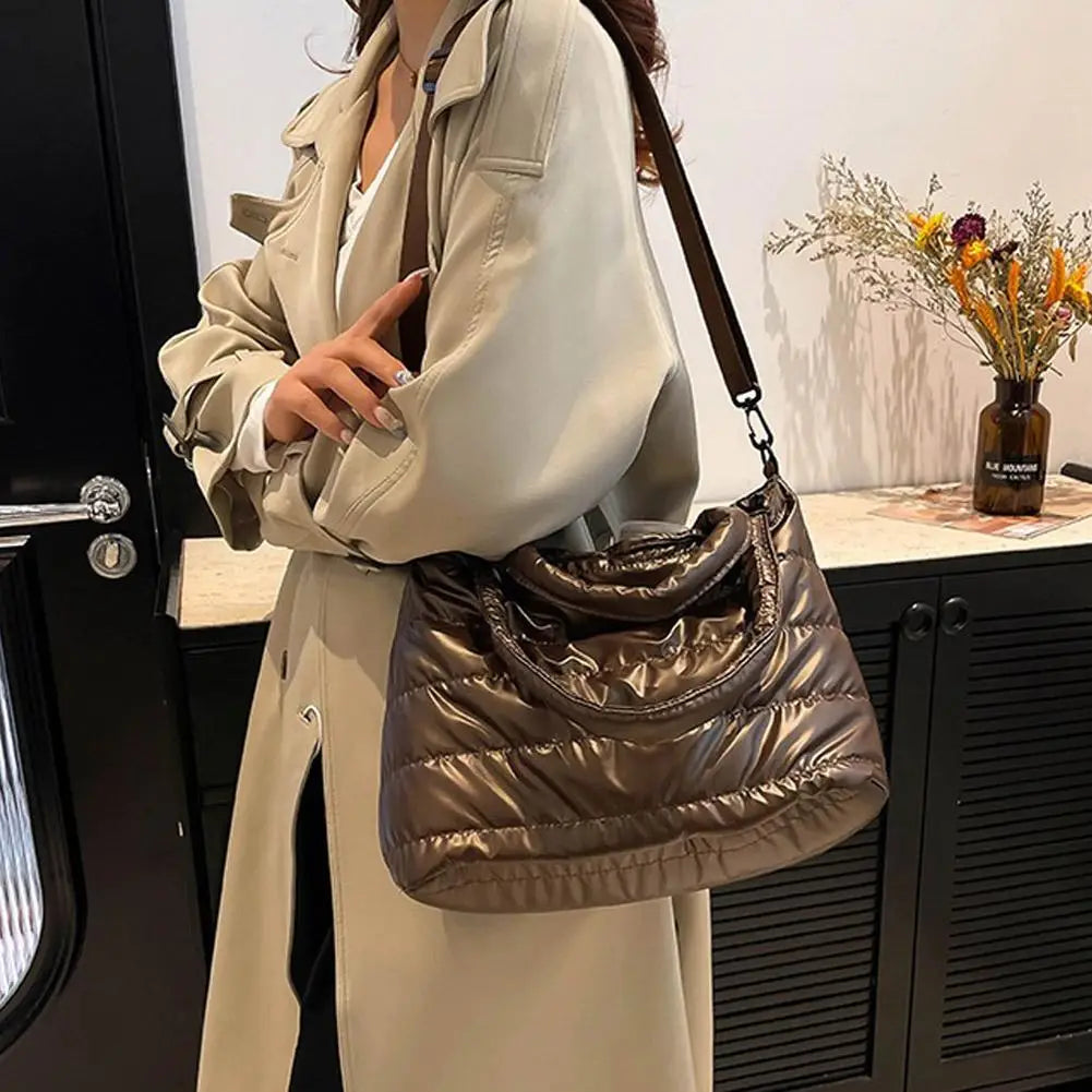 Women's Quilted Puffer Tote Bag – Shiny PU Crossbody Handbag Puffer Tote Bag PRIMED