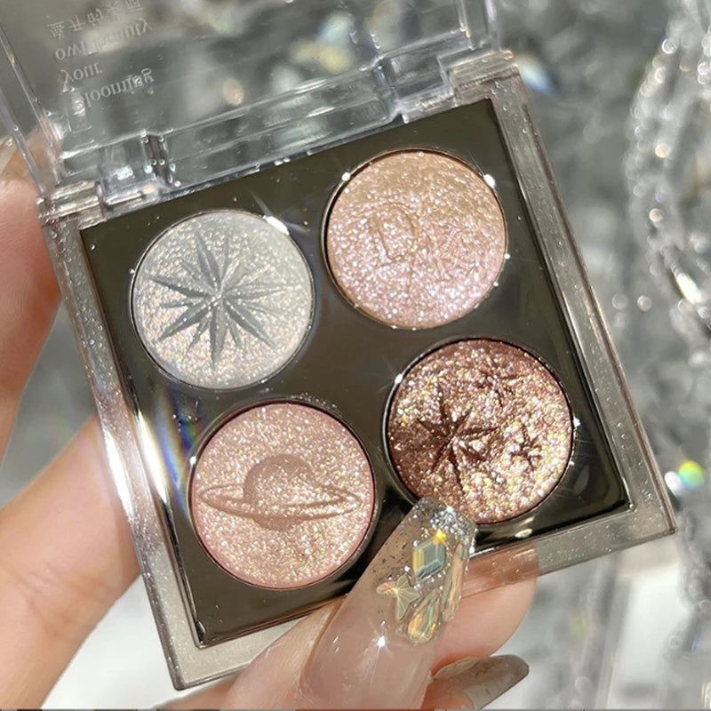 Glitter Shimmer Eyeshadow Palette – 4 Colors Pink Brown Highlighter Eyeshadow Palette PRIMED
