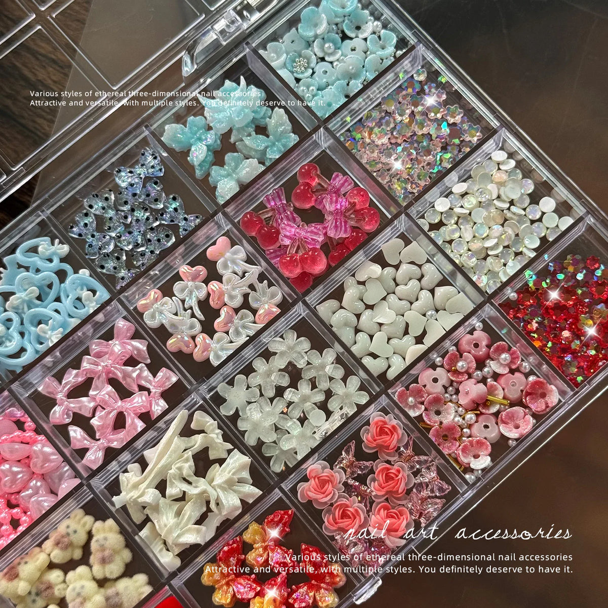 24-Grid 3D Nail Charms – Bows, Butterflies & Crystal Flowers Nail Art Charms PRIMED