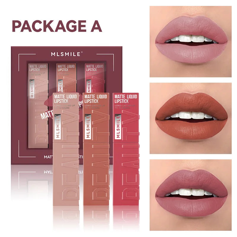 MLSMILE 3-Piece Matte Velvet Lip Gloss Set – Long-Lasting Lip Gloss Set PRIMED A