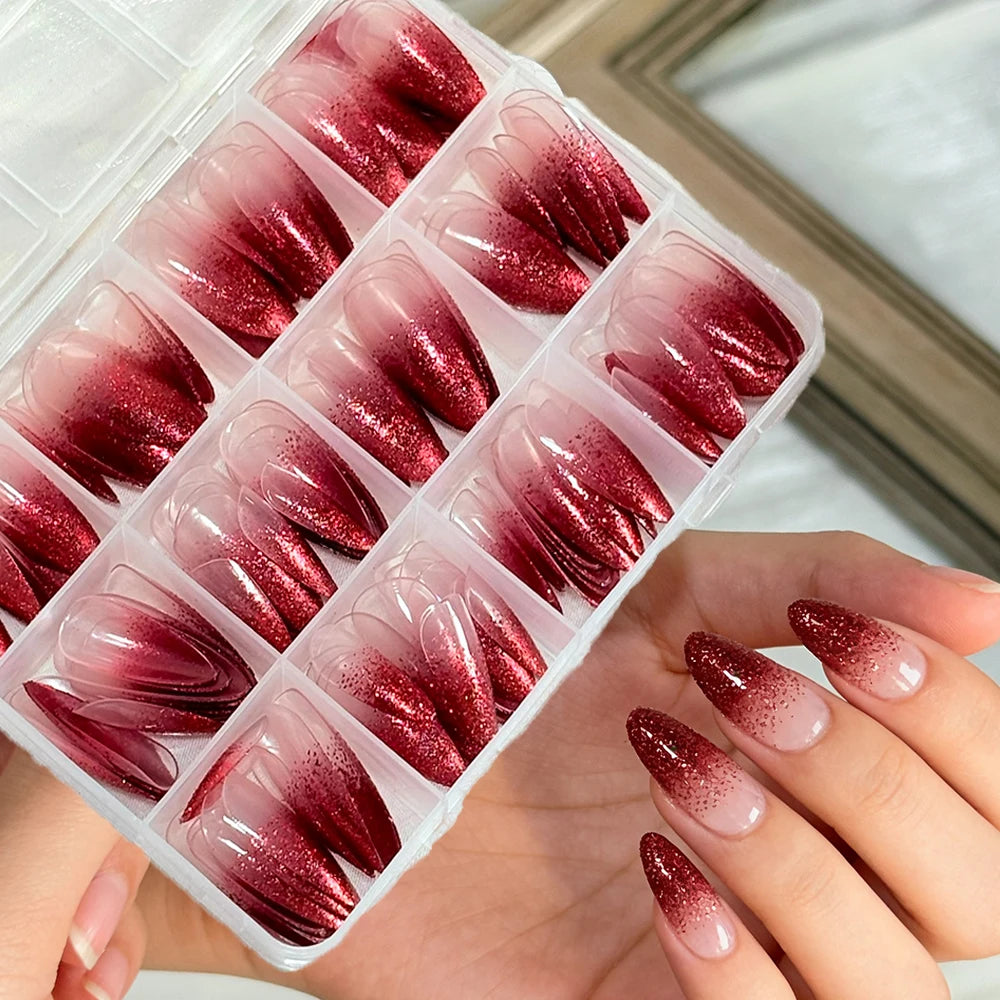 144Pcs Red Glitter Gradient Press On Nails – Wine Red French Tips