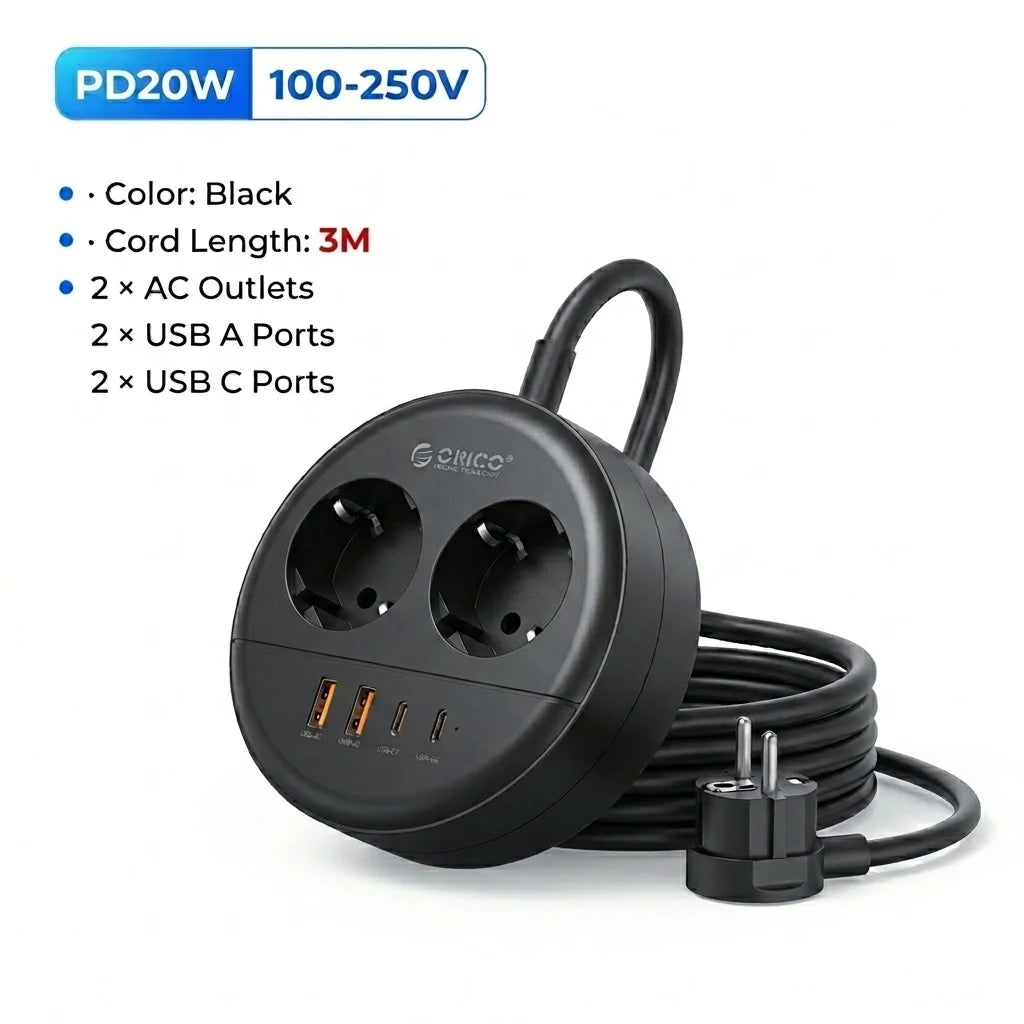 ORICO Desktop Round Power Strip PD20W USB-C USB-A EU Plug Desktop Power Strip PRIMED 3M 2A2U2C Black China Mainland EU Plug