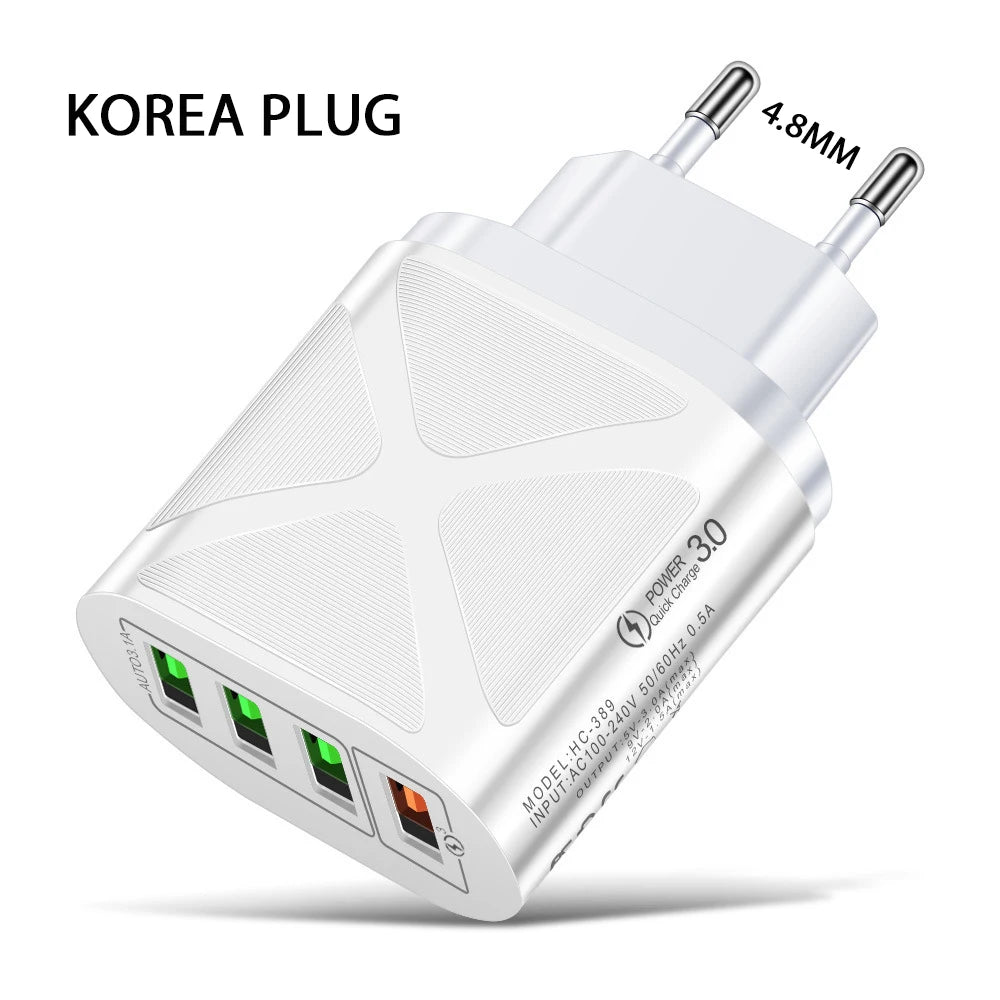 Quick Charge 3.0 4-Port USB Wall Charger | EU US UK Plug USB Wall Charger PRIMED White KR