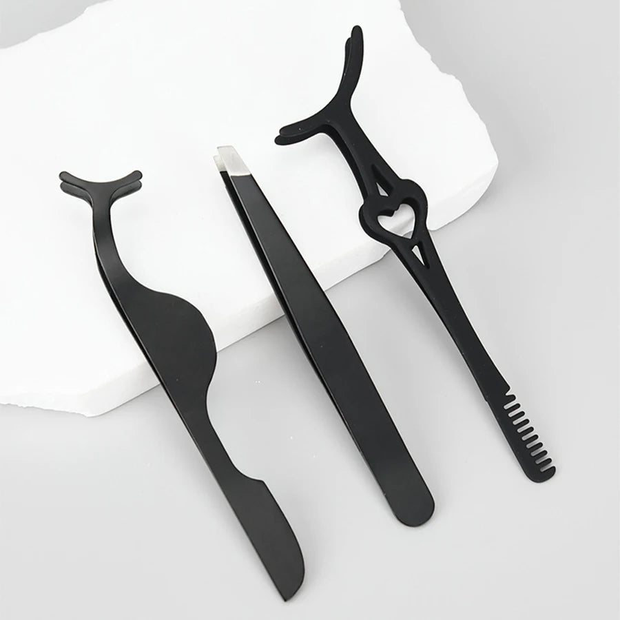 3-Piece Fake Eyelash Clip Comb & Tweezers Tool Set Eyelash Applicator Set PRIMED Black 3 pcs