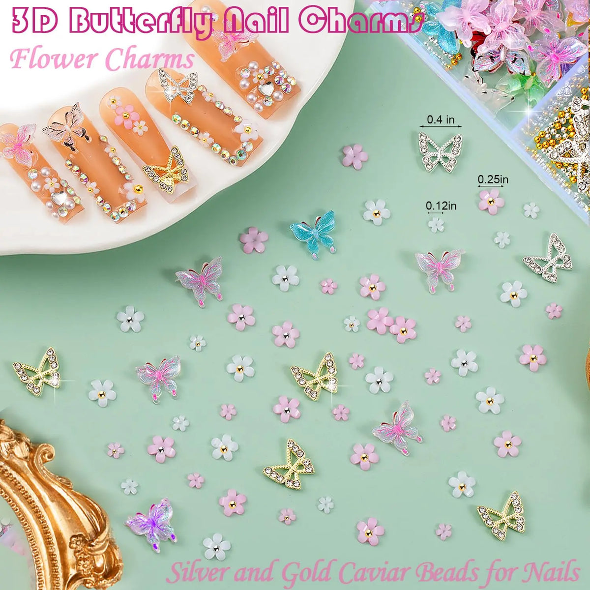 10,000Pcs 3D Butterfly Nail Charms Kit – 15-Grid Box & Tools