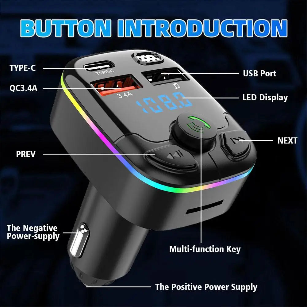 Bluetooth 5.0 FM Transmitter Car Charger – Type-C QC3.0 USB FM Transmitter Adapter PRIMED