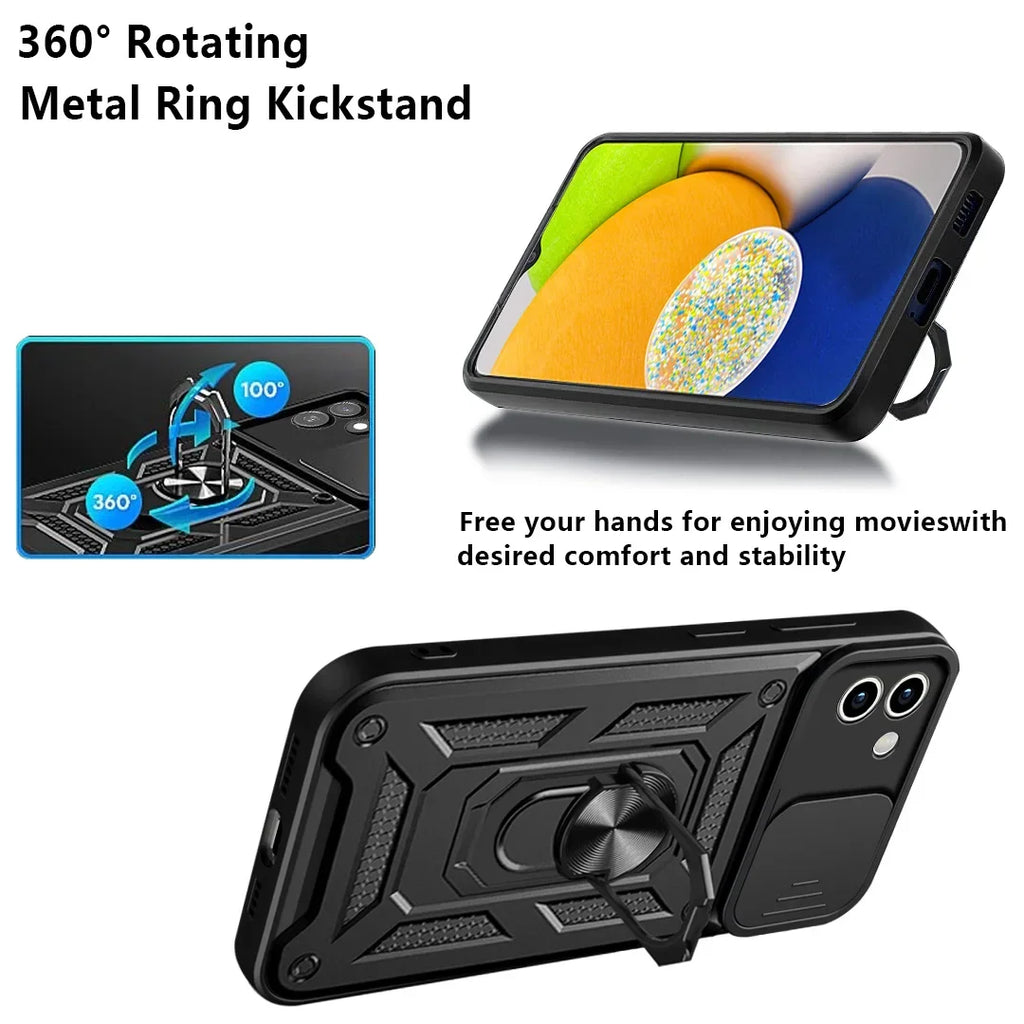 Shockproof Armor Case Samsung Galaxy A02–A14 Ring Car Holder Phone Armor Case PRIMED