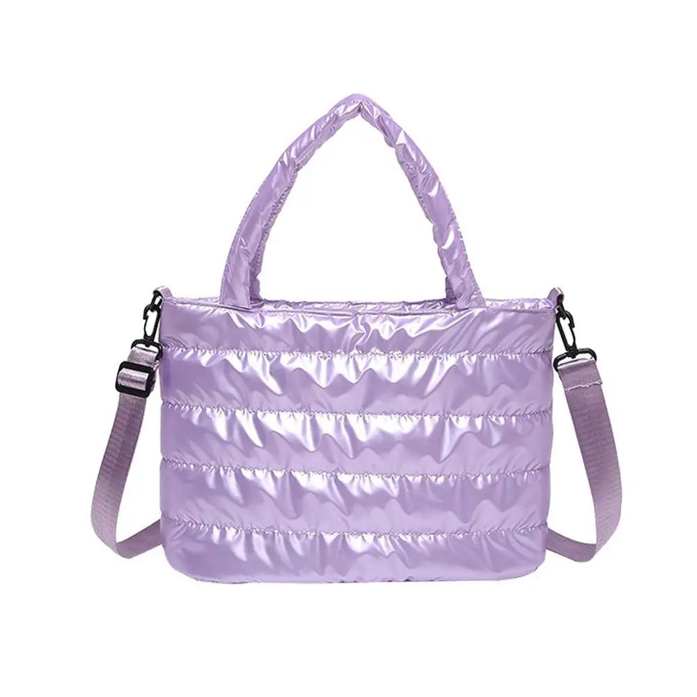 Women's Quilted Puffer Tote Bag – Shiny PU Crossbody Handbag Puffer Tote Bag PRIMED Purple