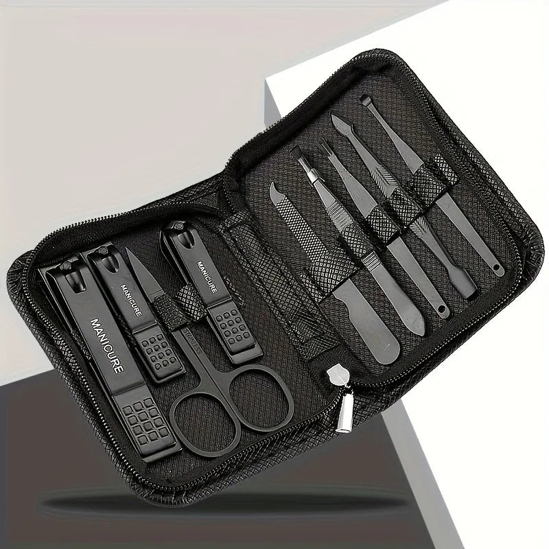 Stainless Steel Manicure Set 6/9Pcs – Nail Clippers & Files Manicure Tool Set PRIMED Black 9 PCS SET