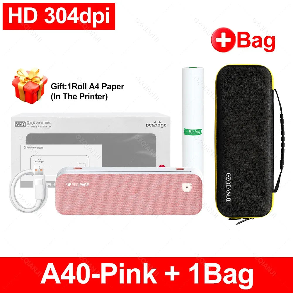 PeriPage A40 Portable A4 Bluetooth Thermal Printer + Case Portable Thermal Printer PRIMED 304Pink Add 1Bag