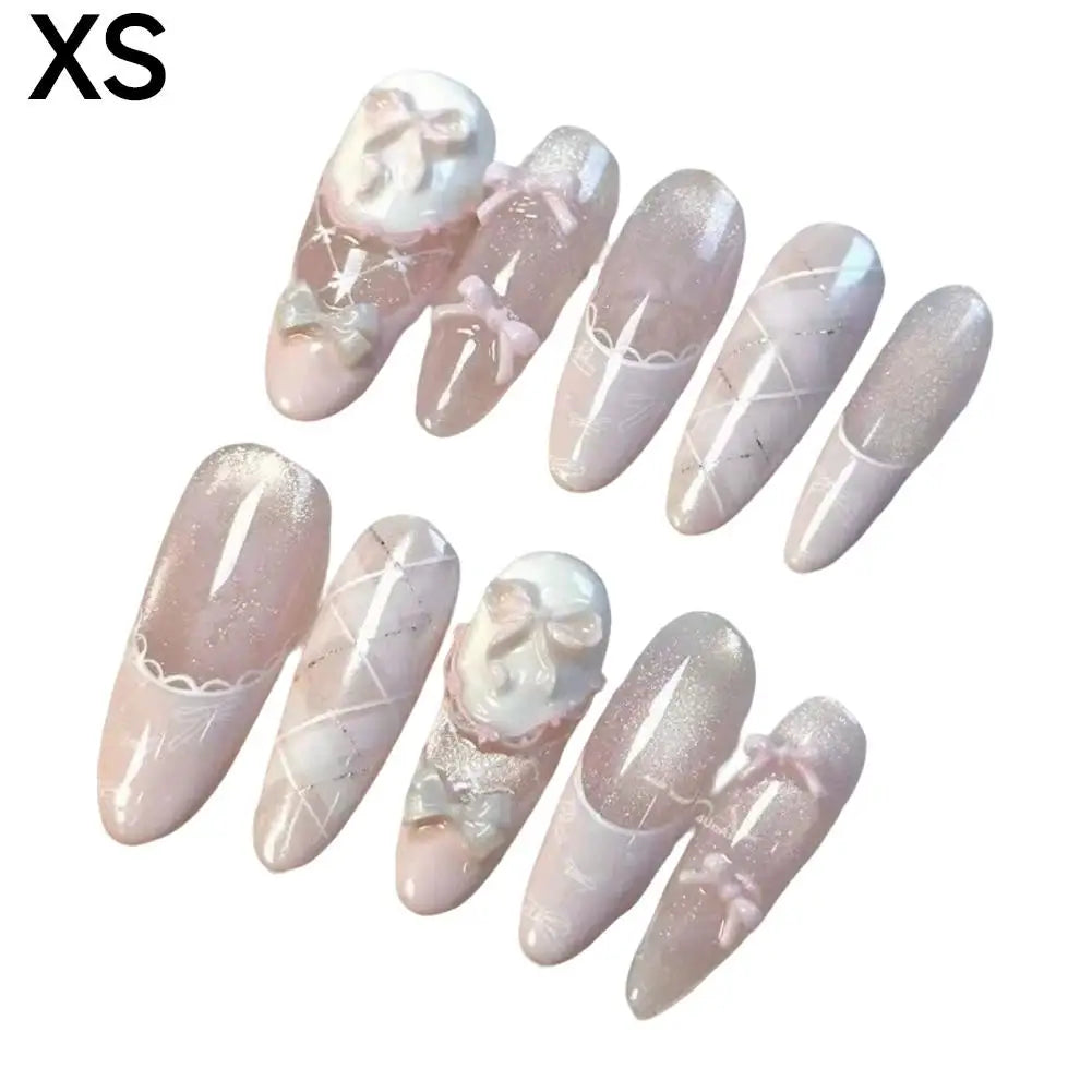 Ballet Pink Press-On Nails – Bow, Lace & Glitter Coffin Set