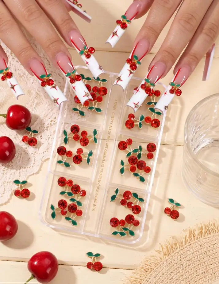 24Pcs Red Cherry 3D Nail Art Rhinestone Diamond Zircon Set Nail Art Rhinestones PRIMED