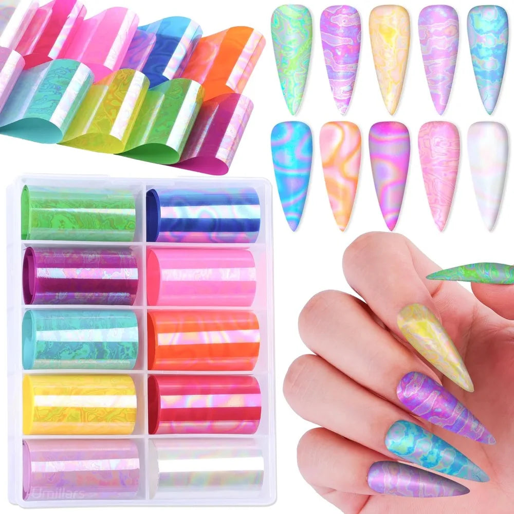 Marble Aurora Nail Art Foil Transfer Stickers – 10 Rolls