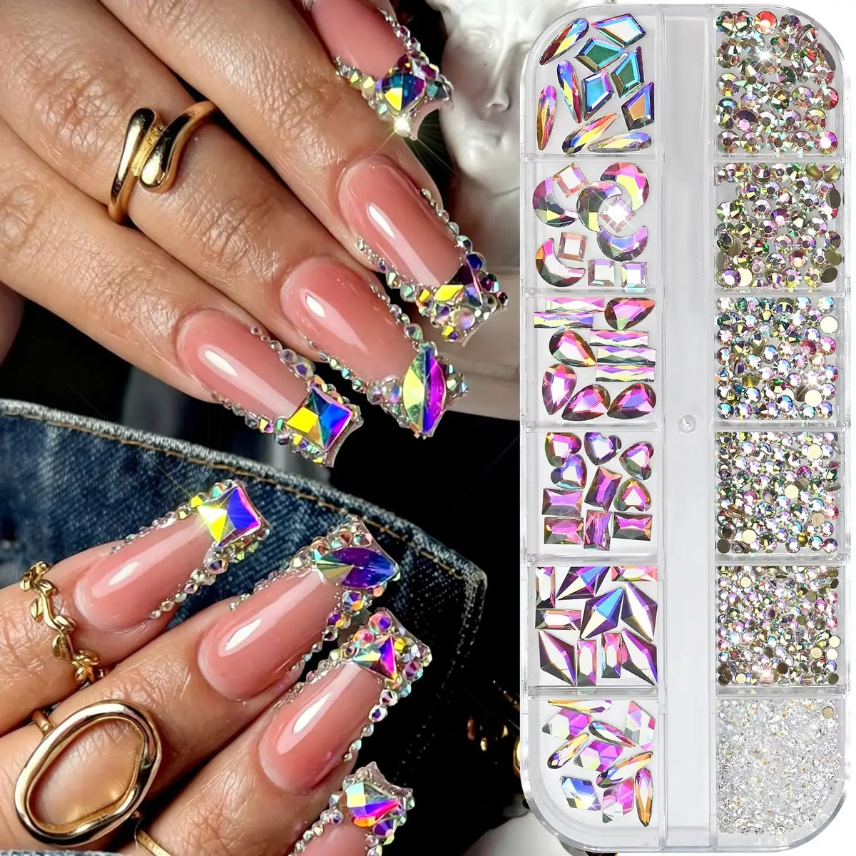 12-Grid Iridescent AB Nail Rhinestones – Mixed Glass Gems Box Nail Art Rhinestones PRIMED