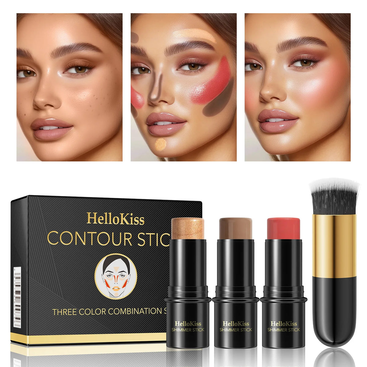 Hello Kiss 3-Piece Concealer Stick Set – Contour Highlight Blush