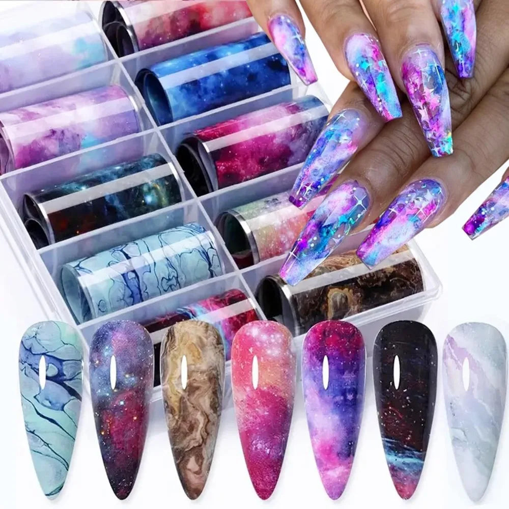 Marble Aurora Nail Art Foil Transfer Stickers – 10 Rolls
