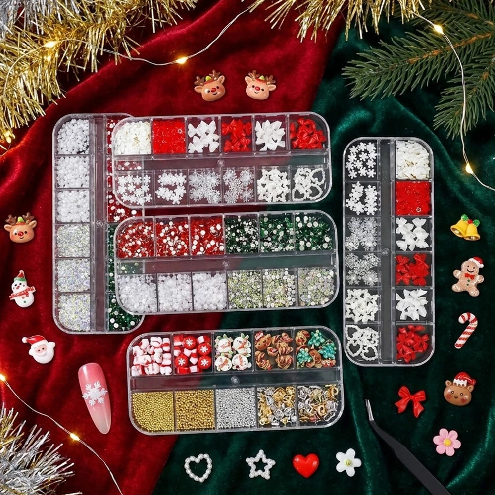 Christmas Nail Charms Set – Santa Snowflake Rhinestones 4 Boxes