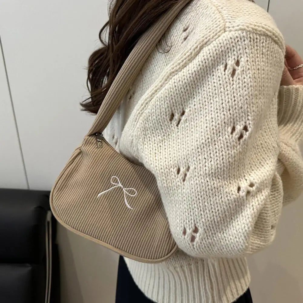 Women's Corduroy Ruched Shoulder Bag | Bow Accent Hobo Purse Shoulder Bag PRIMED