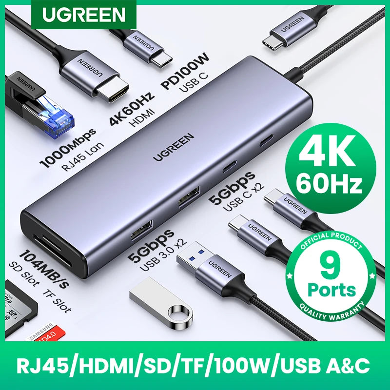 UGREEN 9-in-1 USB-C Hub 4K60Hz HDMI PD100W RJ45 SD/TF USB-C Docking Hub PRIMED