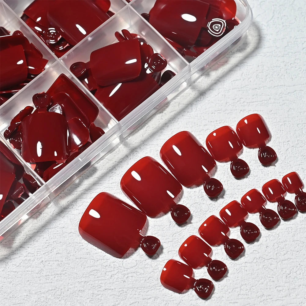 144Pcs Red Press-On False Toenails | Short DIY Full Cover Tips