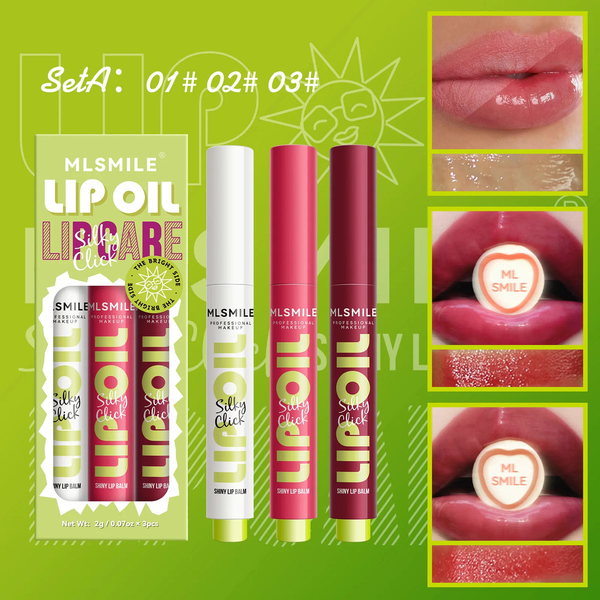 MLSMILE 3-Piece Lipstick Set | Mirror Lip Gloss & Moisturizing Lip Gloss Set PRIMED Set A Full Size