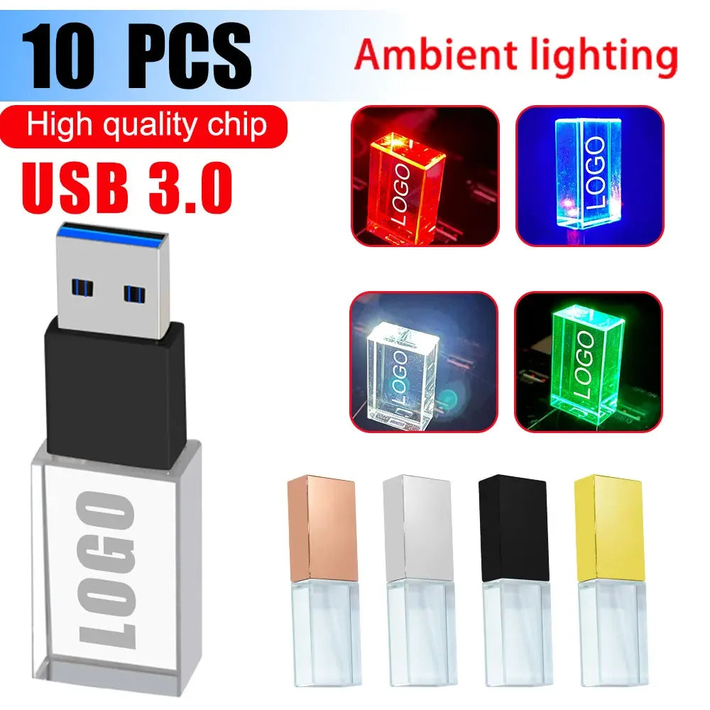 10-Pack Crystal 3D USB 3.0 Flash Drives | Free Engraved Logo USB Flash Drive PRIMED