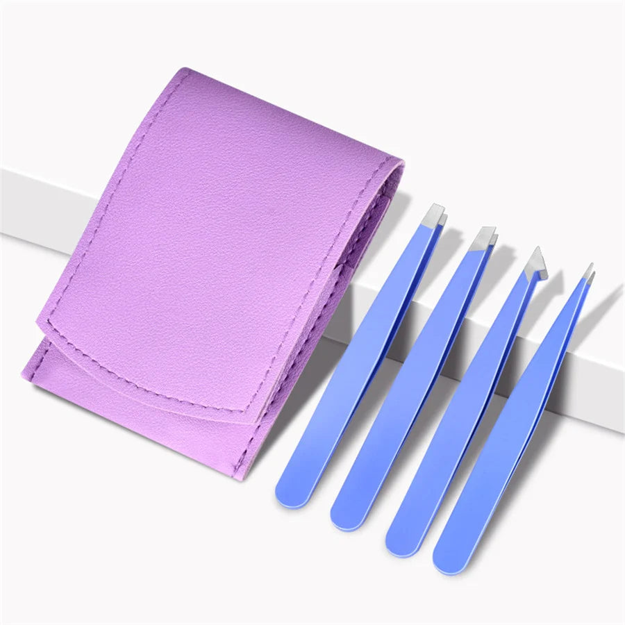 Stainless Steel Slanted Eyebrow Tweezers | Colorful Combo Set