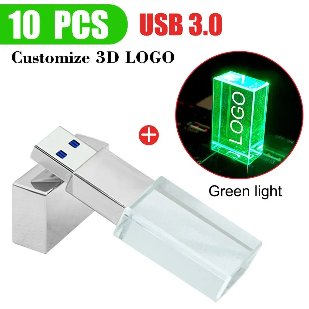 10-Pack Crystal 3D USB 3.0 Flash Drives | Free Engraved Logo USB Flash Drive PRIMED 16GBx10pcs silver - green led