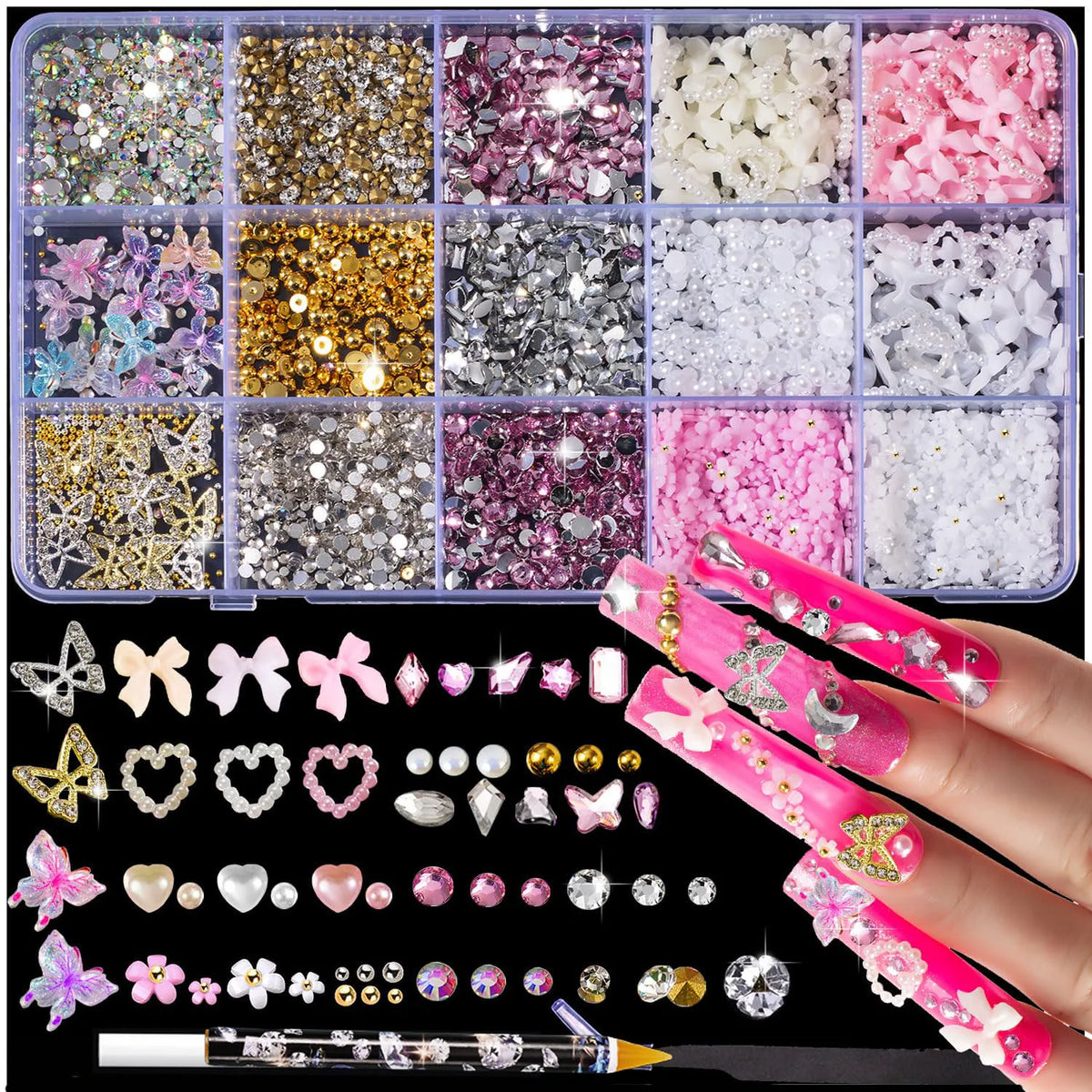 10,000Pcs 3D Butterfly Nail Charms Kit – 15-Grid Box & Tools