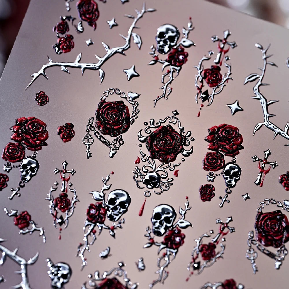 Punk Rose Skull Nail Art Stickers – 3D Hot Stamp Decals