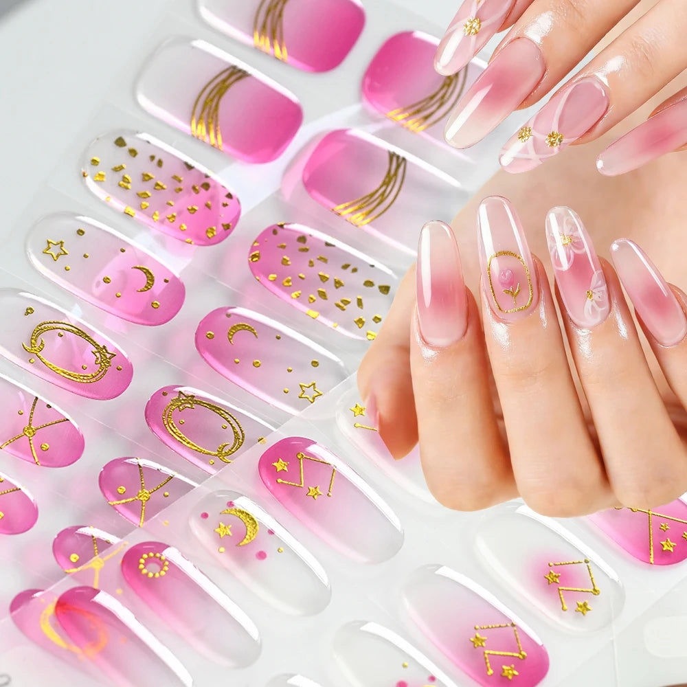 5D Semi-Cured Gel Nail Stickers – Golden Embossed Rabbit Pink Purple Gel Nail Stickers PRIMED