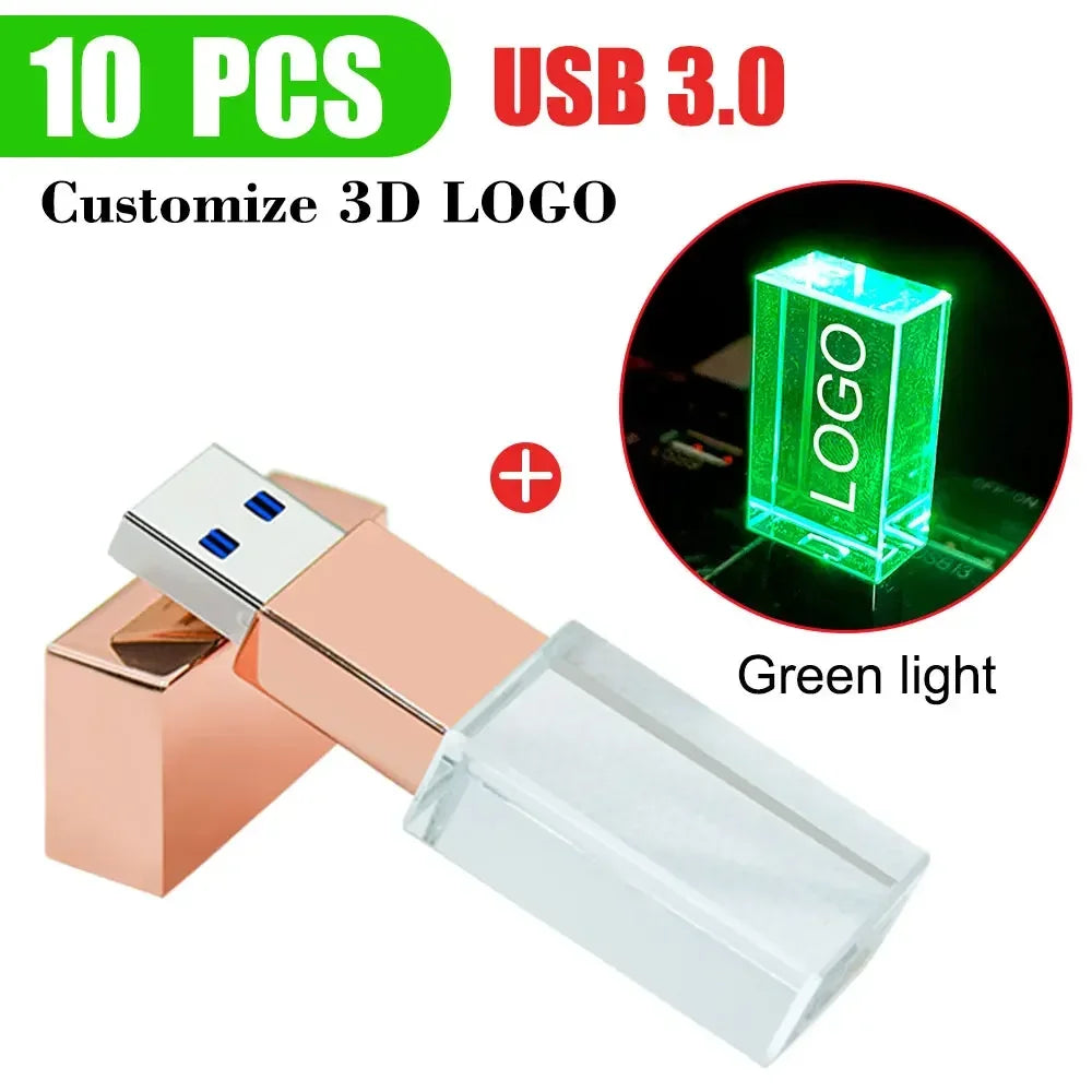 10-Pack Crystal 3D USB 3.0 Flash Drives | Free Engraved Logo USB Flash Drive PRIMED 8GBx10pcs rose gold- green led