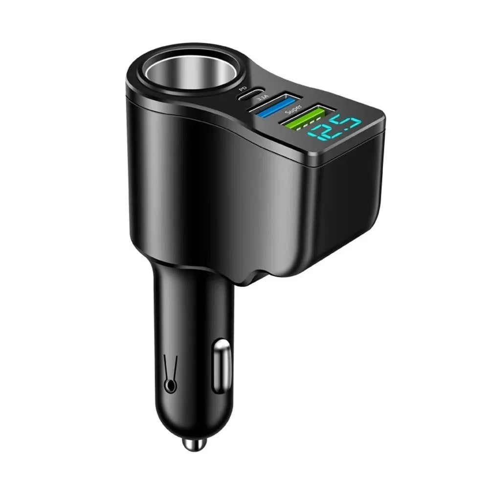 66W Digital Car Charger – Dual USB & PD Fast Charging Adapter Car Charger Adapter PRIMED 1PCS