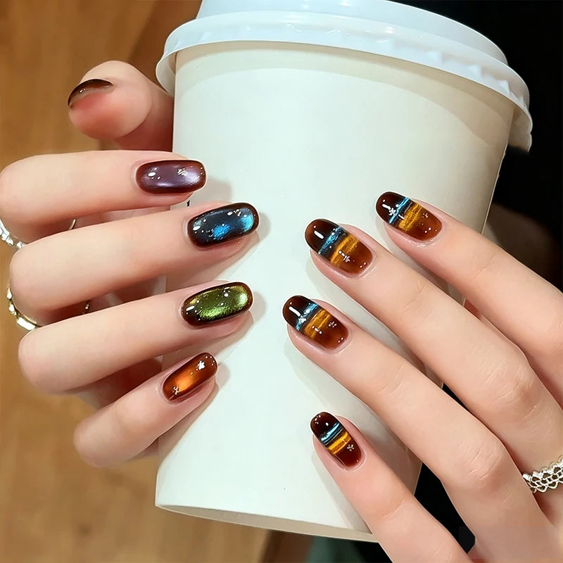 Cat Eye Gel Nail Polish Warm Brown Glass Bead Stripe UV LED