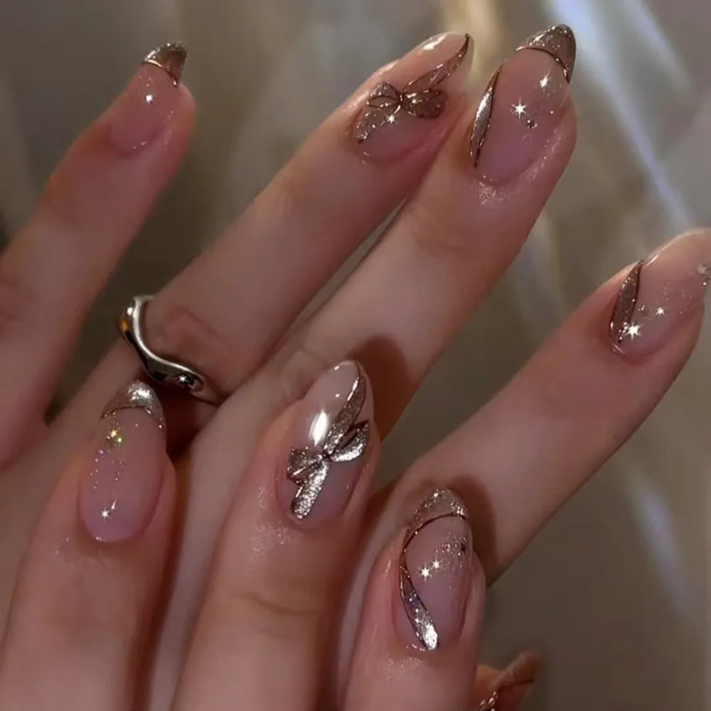 Almond Press-On Nails – French Floral & Fruit Designs 24pc