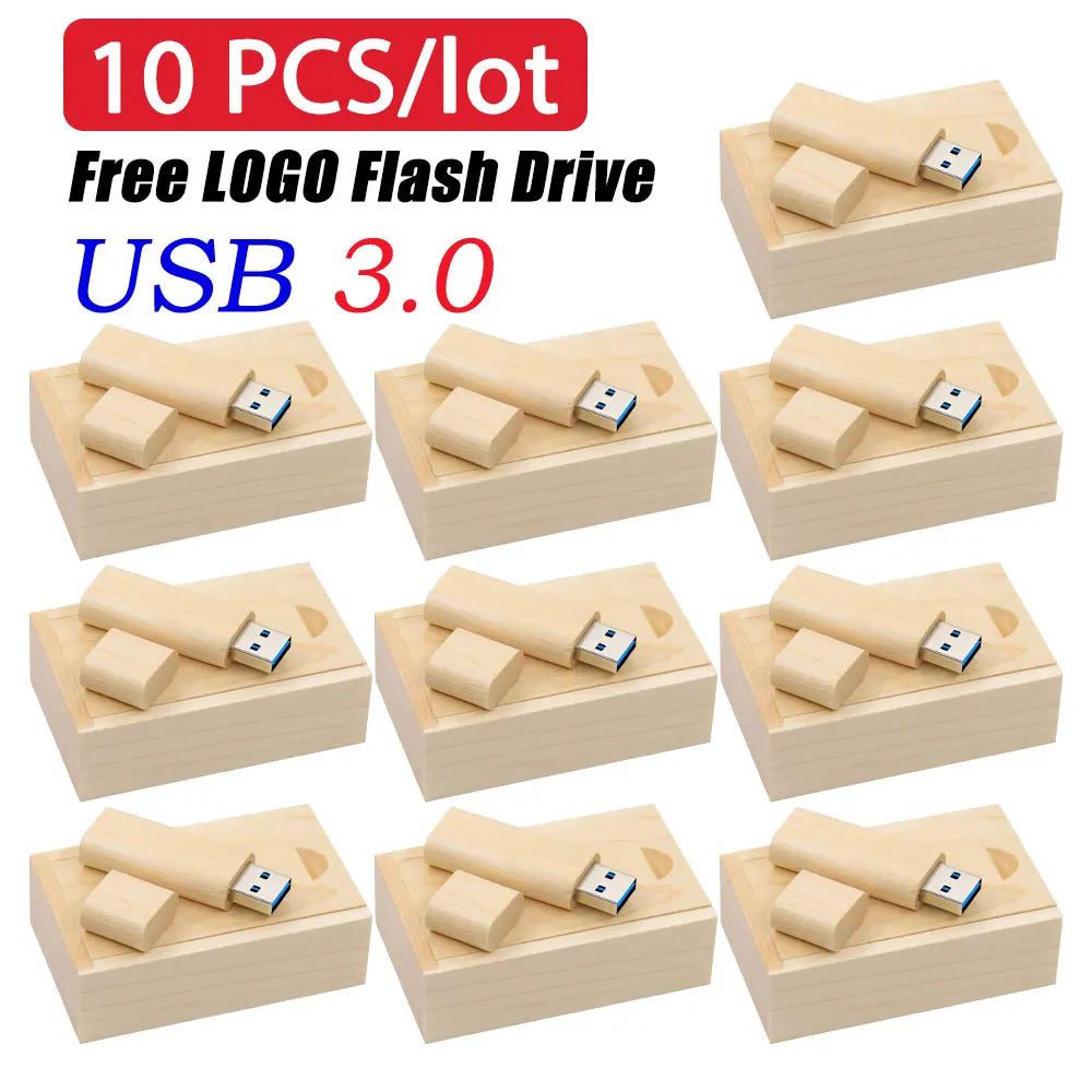 10-Pack Wooden USB 3.0 Flash Drives 4–64GB Custom Logo USB Flash Drive PRIMED