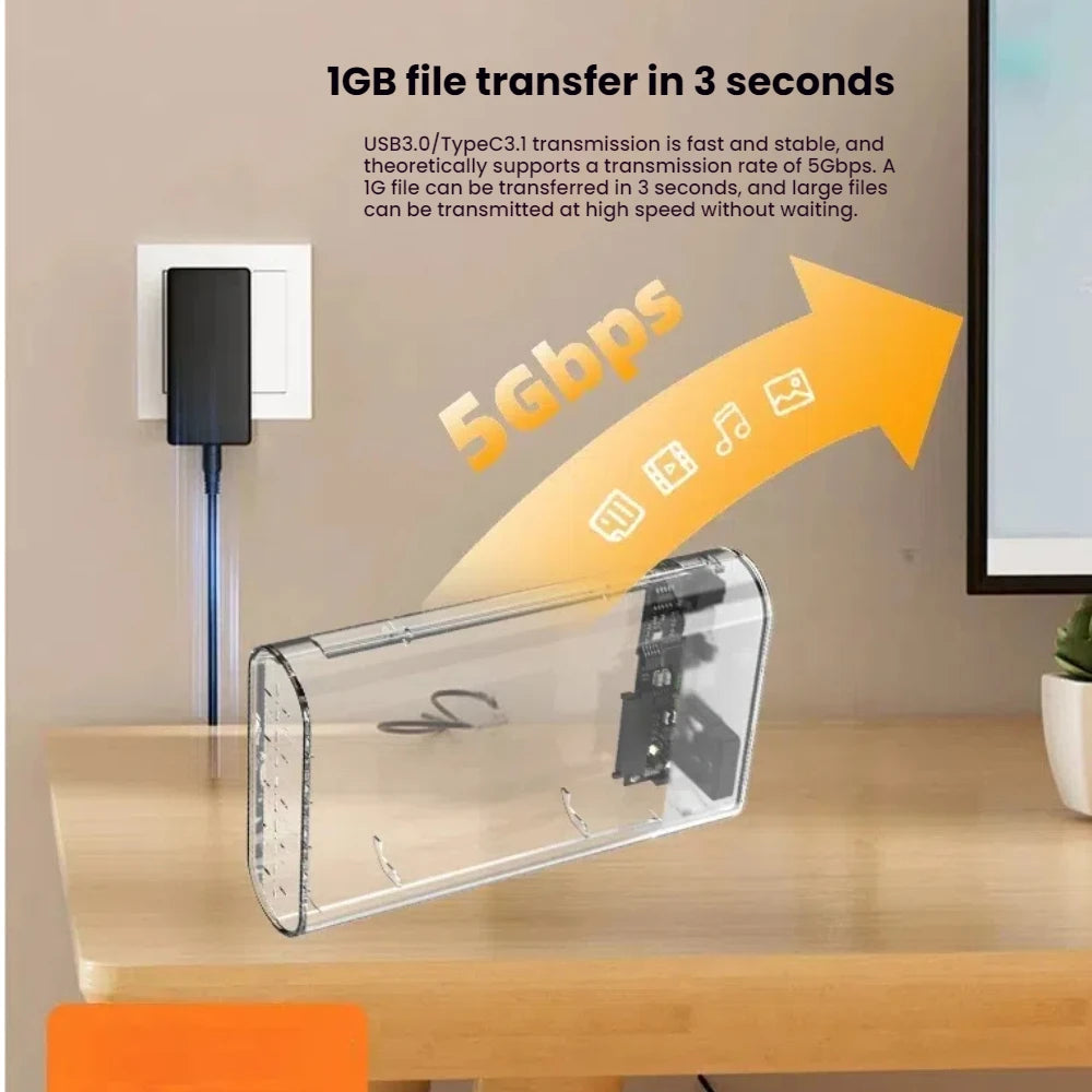 TISHRIC RGB Transparent HDD Enclosure 3.5" 2.5" USB-C + Fan HDD Enclosure PRIMED