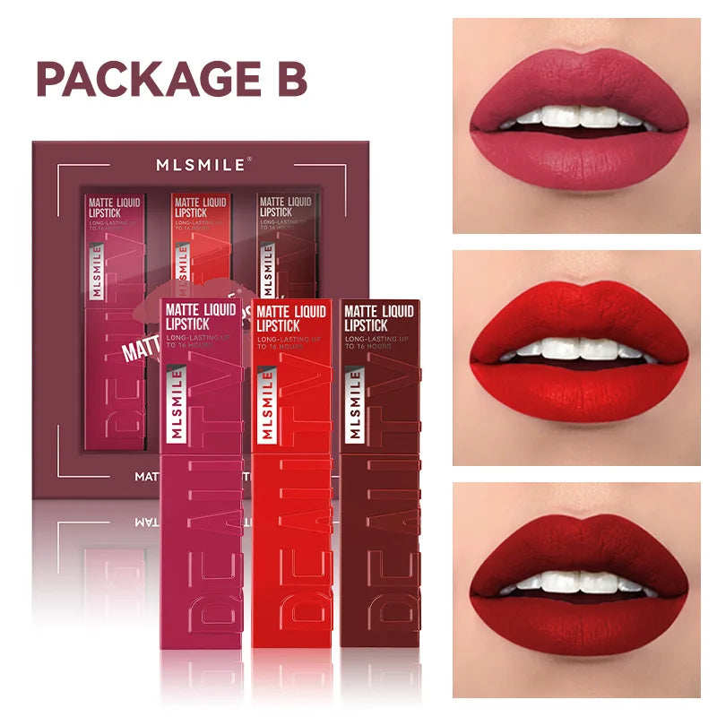 MLSMILE 3-Piece Matte Velvet Lip Gloss Set – Long-Lasting Lip Gloss Set PRIMED B
