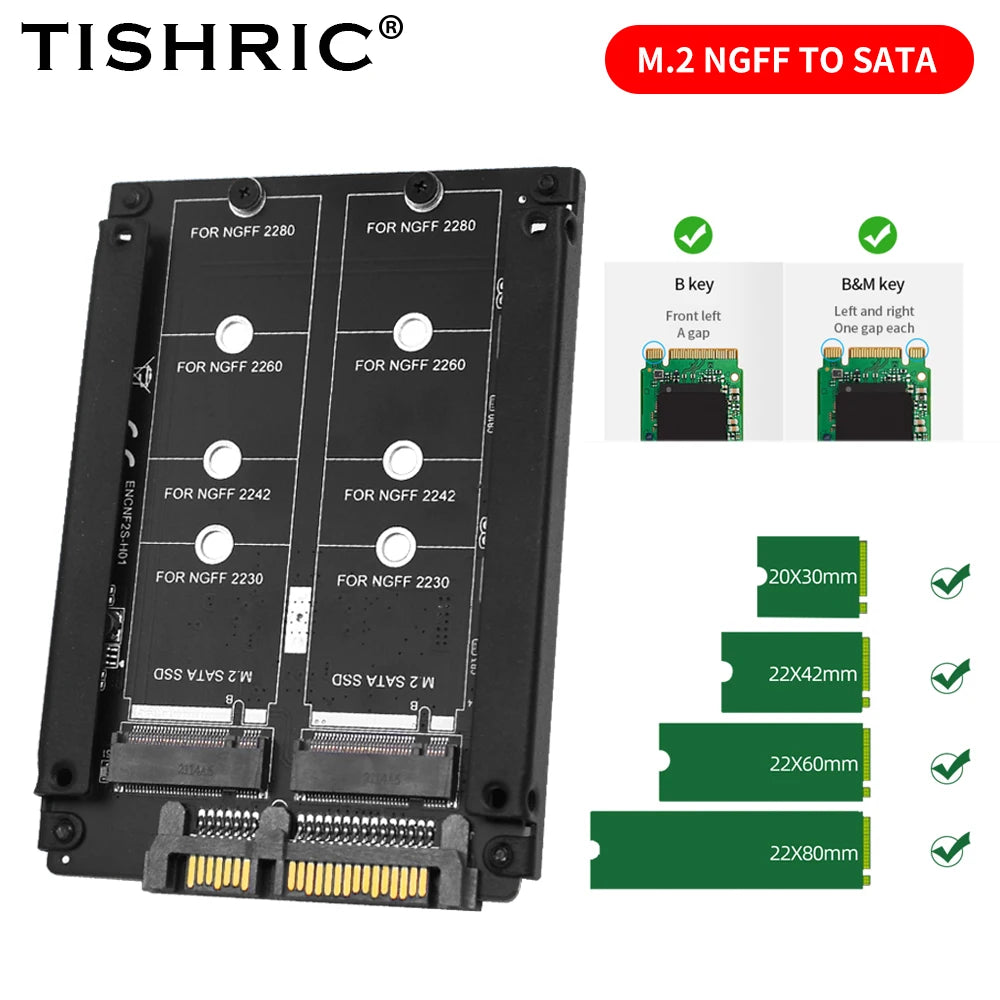TISHRIC M.2 NGFF to SATA Adapter Dual Port with Enclosure SSD Adapter Card PRIMED