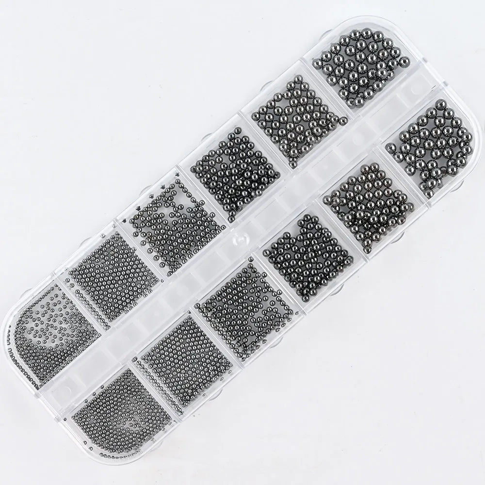 Nail Art Metal Round Beads 0.8–3.0mm Gold Silver | 12-Grid Box