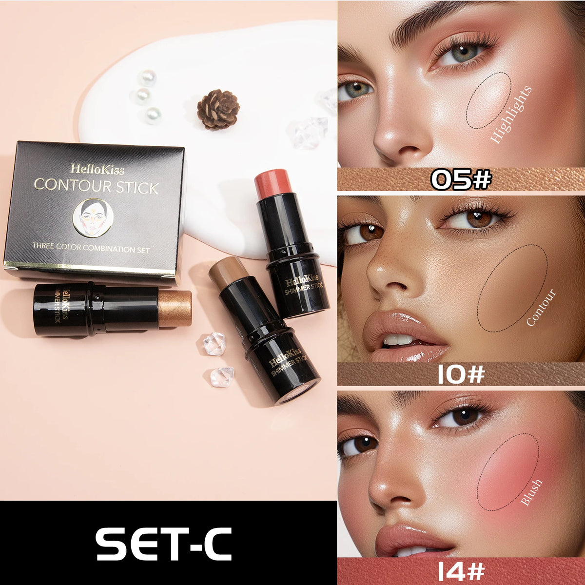 Hello Kiss 3-Piece Concealer Stick Set – Contour Highlight Blush