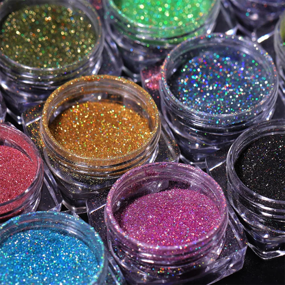 12-Jar Holographic Glitter Nail Powder Set – Mirror Manicure Nail Glitter Powder PRIMED