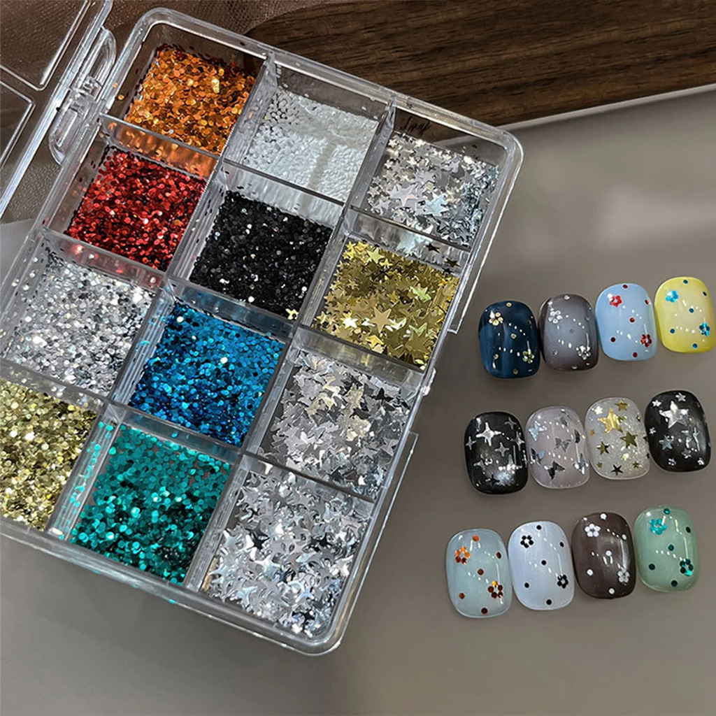 12-Grid Nail Glitter Set – Stars, Sequins & Butterfly Decor Nail Art Decoration PRIMED