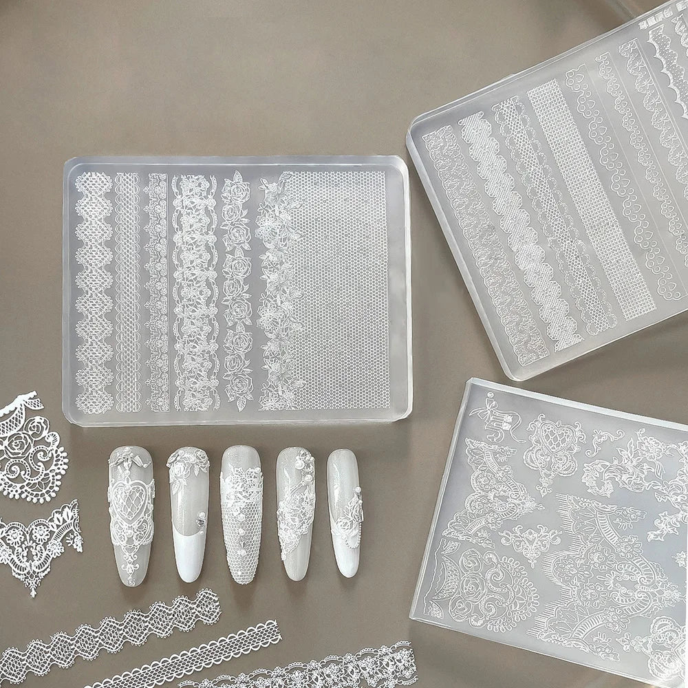 Lace Nail Silicone Mold – Rose, Plaid & Snowflake Embossing Nail Art Mold PRIMED