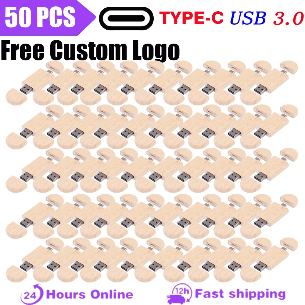 50-Pack Wooden USB 3.0 Type-C Flash Drive | Custom Logo USB Flash Drive PRIMED 64GB Bamboo no box CN