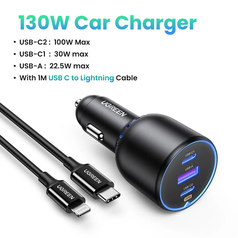 UGREEN 130W Car Charger 3-Port USB-C PD Fast Charging Car Charger PRIMED Add Cable for iPhone China Mainland