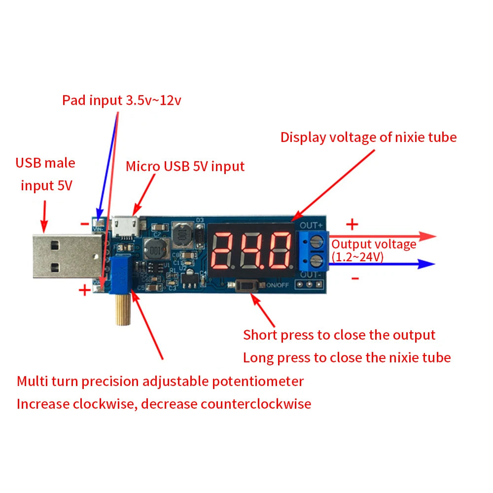 TISHRIC USB DC Boost Buck Converter 5V to 1.2V–24V Module