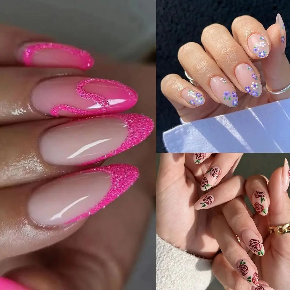 Long Almond Press On Nails Floral Glitter French 24pcs Set
