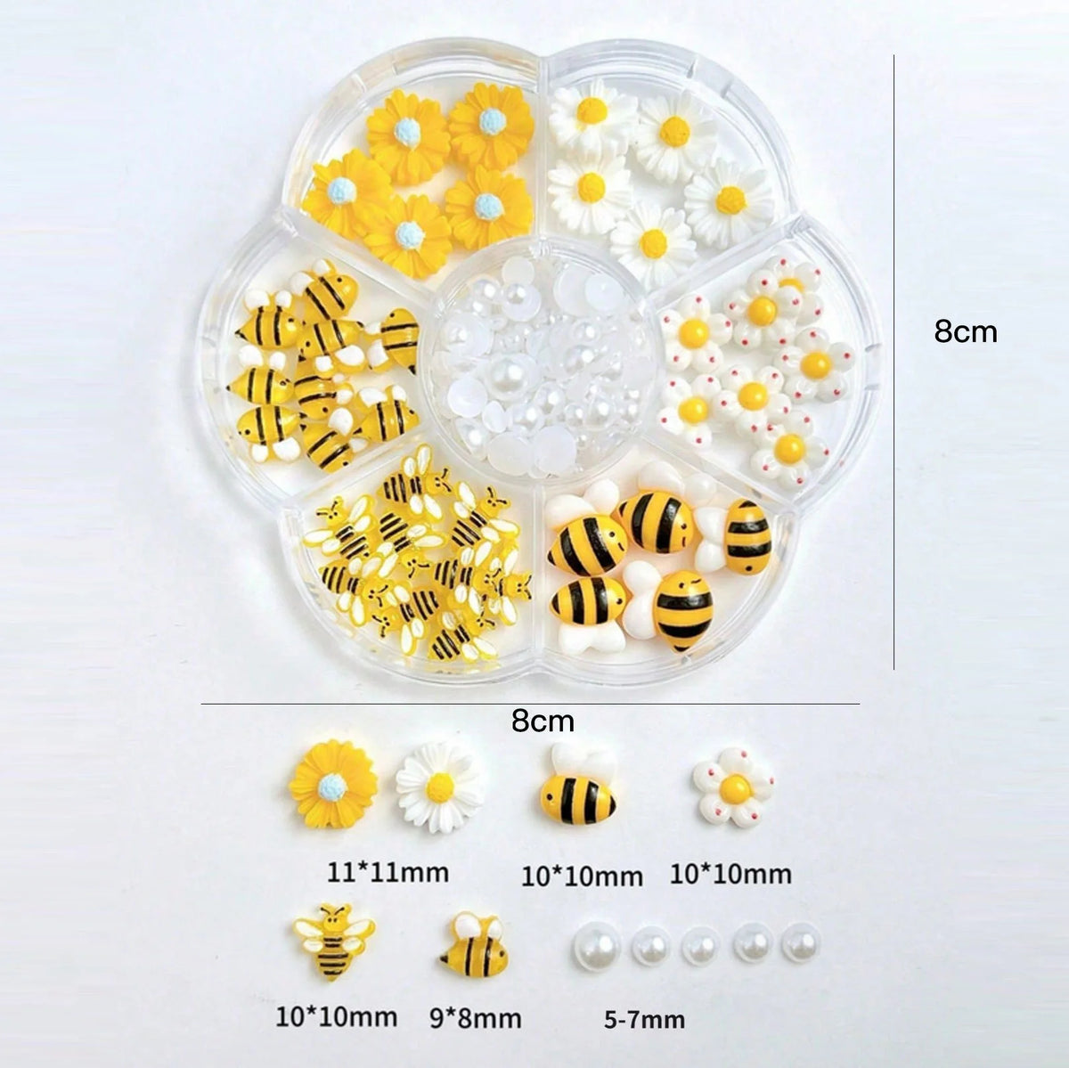 7-Grid Daisy Bee Nail Charms – Spring Flowers & Pearls Set Nail Art Charms PRIMED