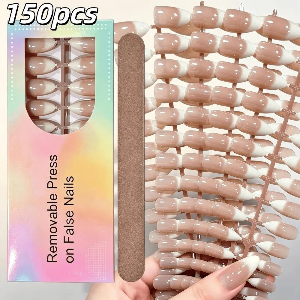 150 Pcs Press On Nails Glossy Almond French Gradient Fake Nails